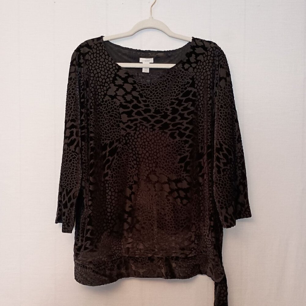 Chico's Black Burn Out Velvet Blouse, Whimsical Goth, 3/4 Sleeve Chico SZ3 US XL